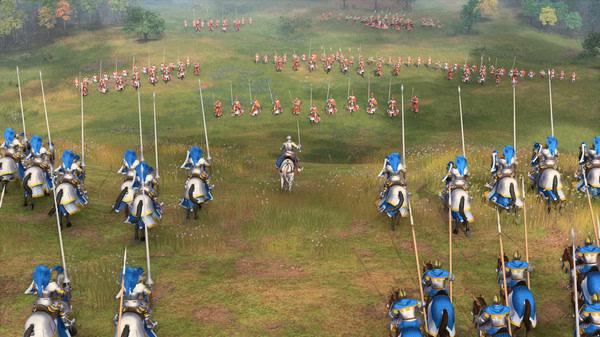 Screenshot from Age of Empires IV showing two armies facing off in a grassy battlefield.