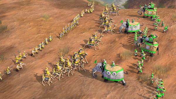 Screenshot from Age of Empires IV showing a large army with camels and elephants in a desert landscape, preparing for battle.