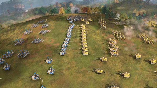 Screenshot from Age of Empires IV showing an army of cavalry and infantry in blue and yellow formations on a grassy battlefield.