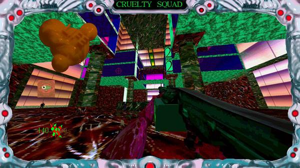 A screenshot from Cruelty Squad showing a surreal, colorful environment with a player holding a weapon and a floating orange object.