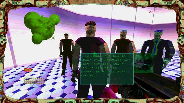 Screenshot from Cruelty Squad showing four characters standing in a room with geometric patterns and a floating green object.