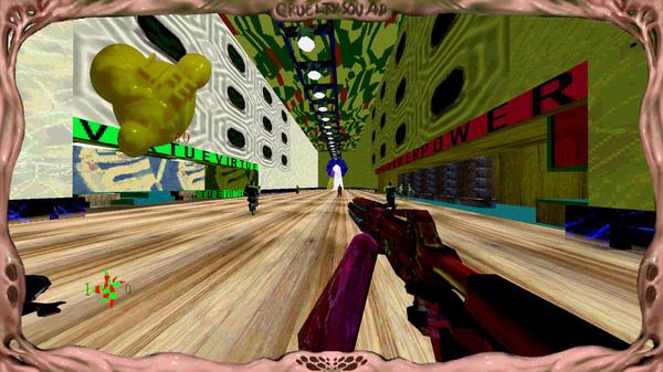 Screenshot from Cruelty Squad showing a player holding a weapon in a colorful, surreal corridor with abstract designs.