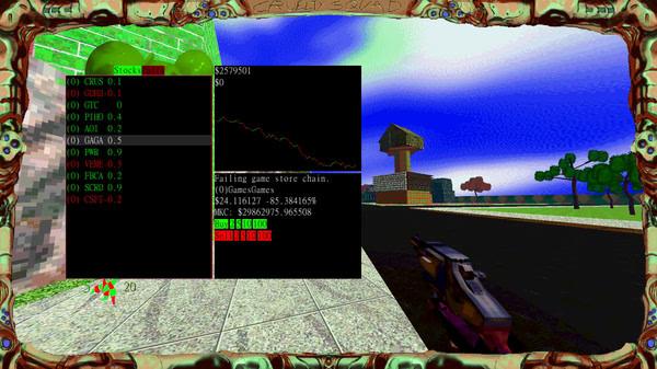 Cruelty Squad screenshot: A stock market interface is displayed alongside a futuristic gun on a surreal, vibrant street scene.