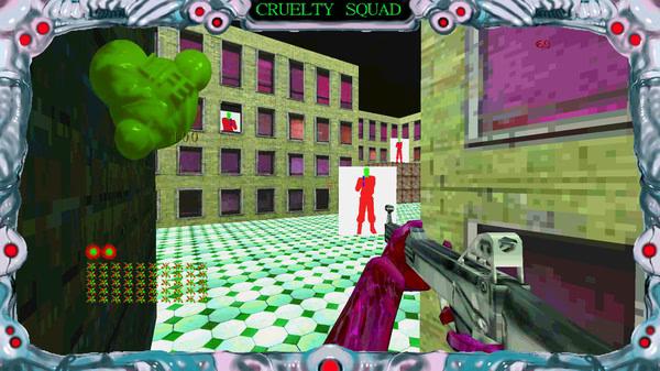 Cruelty Squad screenshot: Player aims gun at a neon green alien. Pixelated buildings and target dummy are in view.