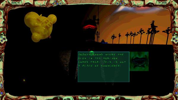 Screenshot from Cruelty Squad showing a dark, surreal landscape with floating objects and a text box displaying dialogue.