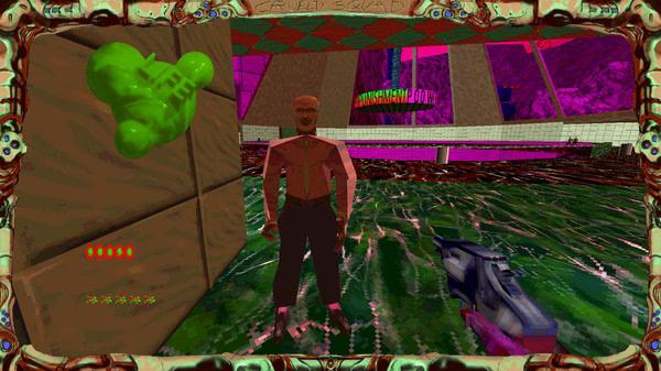 Cruelty Squad screenshot: A character stands on a green, reflective floor in a brightly colored, distorted room, holding a gun.