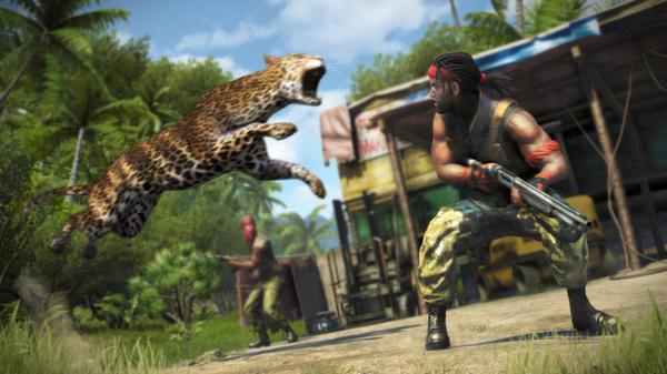Far Cry 3 screenshot: A character with a shotgun faces a leaping jaguar near a tropical shack, while another armed character stands nearby.