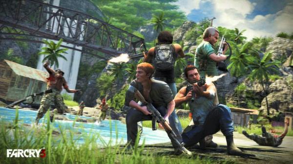 Far Cry 3 screenshot: Three armed characters take cover by a river, engaging enemies in a lush jungle environment.