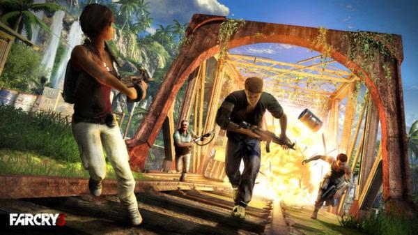 Far Cry 3 screenshot: Characters armed and running across a bridge as an explosion occurs in the background.