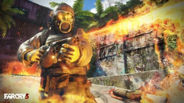 Far Cry 3 screenshot: A soldier in protective gear with a flamethrower creates a fiery scene against a graffitied wall.