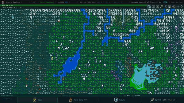 Screenshot from Caves of Qud showing a pixelated landscape with rivers, trees, and various terrain features in a top-down view.