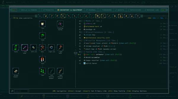Screenshot of Caves of Qud showing the inventory screen with various items and equipment listed, including weapons and cybernetics.