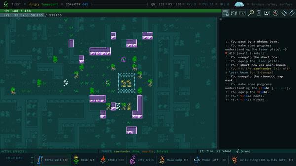 Screenshot from Caves of Qud showing a player navigating a maze-like structure with text logs on the right side of the screen.