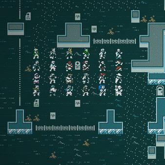Caves of Qud screenshot: A group of characters stand near structures and fences in a pixelated, snowy landscape.