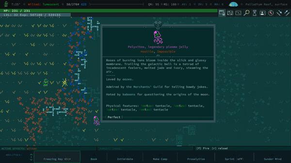 Caves of Qud screenshot: A player encounters Polyxetus, a legendary plasma jelly, with detailed stats displayed on the screen.