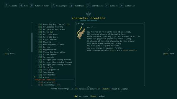 Caves of Qud screenshot: Character creation menu displaying various mutations and defects options with detailed descriptions.