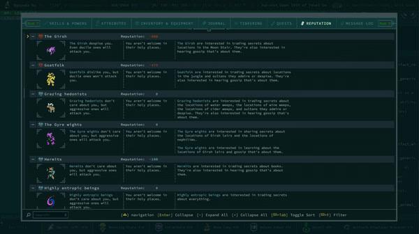 Caves of Qud screenshot showing the reputation screen listing factions like Girsh, Goatfolk, and Grazing hedonists with descriptions.