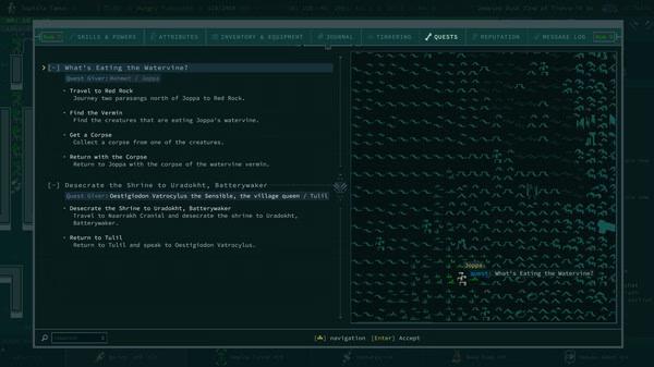 Screenshot from Caves of Qud showing a quest menu on the left and a map of the area on the right.