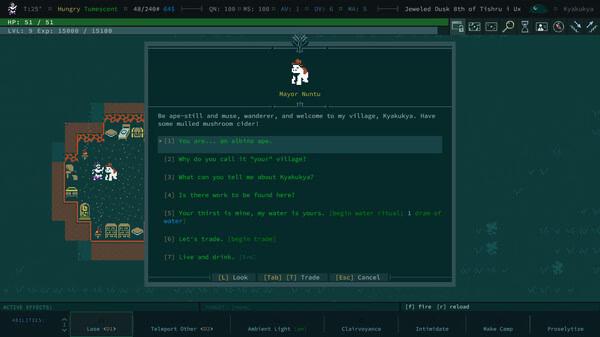 Screenshot of Caves of Qud showing dialogue with Mayor Nuntu in Kyakukya village, alongside mushroom cider and trade options.
