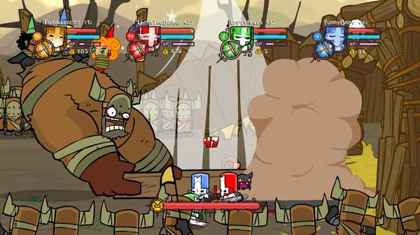 Castle Crashers screenshot showing four knights battling a large troll boss in a medieval-themed arena with health bars visible.