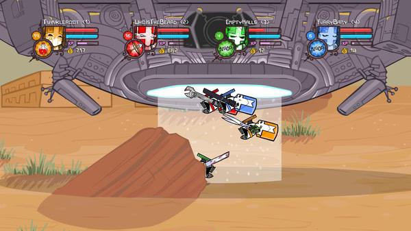 Castle Crashers screenshot: Four knights battle an alien spaceship in a desert with health bars displayed above their heads.