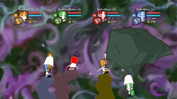 Screenshot of Castle Crashers gameplay showing four knights battling a large rock monster in a colorful, swirling background.