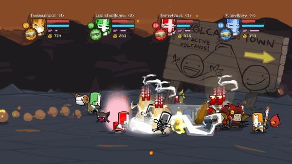 Castle Crashers screenshot showing knights battling enemies in a volcanic area, with health bars and a "Volcano Town" sign visible.