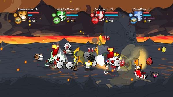 Castle Crashers screenshot: Four knights battle enemies on a fiery lava terrain, using swords and spells to defeat foes.