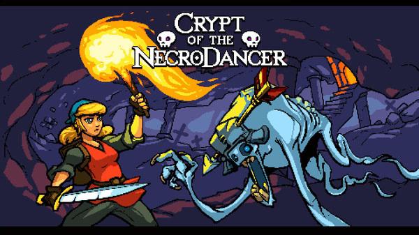 Crypt of the NecroDancer screenshot: A hero with a sword faces a blue skeletal creature in a dark, cavernous setting.