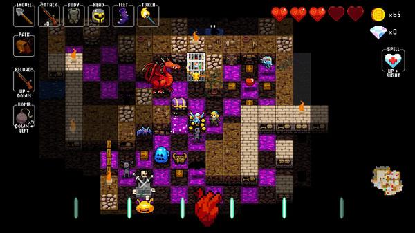 Crypt of the NecroDancer screenshot showing a dungeon, a red dragon, enemies, loot, and the player's character navigating tiles.