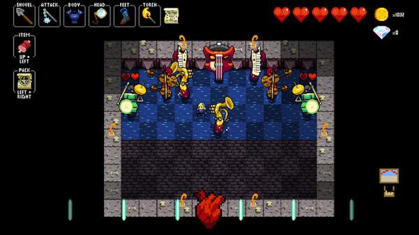 Crypt of the NecroDancer screenshot: A hero faces musical-themed enemies in a dungeon with health, items, and coins displayed.