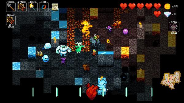 Crypt of the NecroDancer screenshot: A dungeon scene with monsters, treasures, and a glowing golden enemy amidst lava tiles.