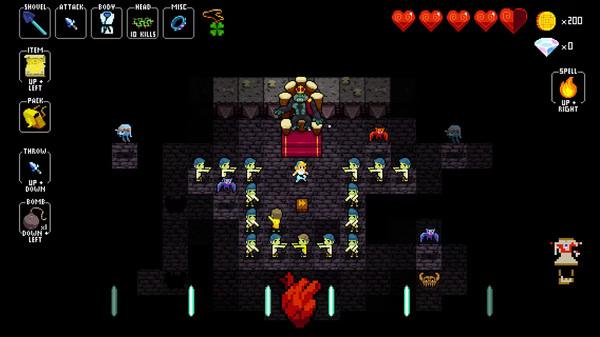 Screenshot from Crypt of the NecroDancer showing a character surrounded by enemies, with game stats visible on screen.