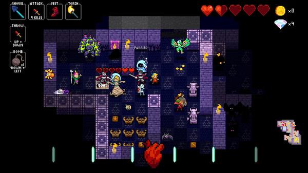 Crypt of the NecroDancer screenshot: A hero battles monsters in a dungeon, surrounded by items and health indicators.