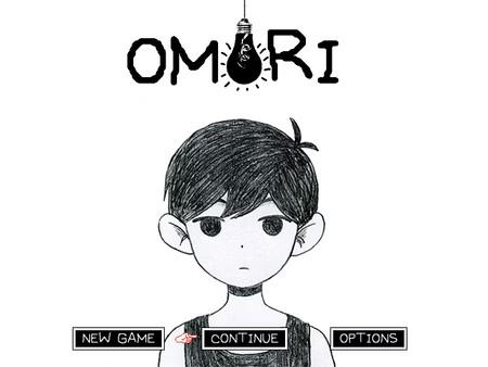 OMORI screenshot: Title screen featuring a black-and-white drawing of a boy with visible menu options below.