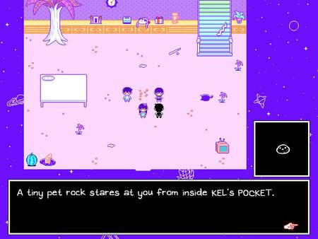 OMORI screenshot: Four characters stand in a whimsical, purple-hued room with a message about a pet rock in Kel's pocket.
