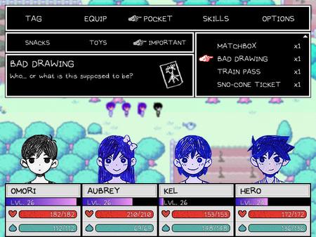 OMORI screenshot: The inventory menu displays items, including "Bad Drawing," while four characters stand below in a colorful scene.
