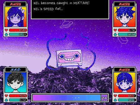 OMORI screenshot: Battle scene featuring characters Kel, Aubrey, and Hero with emotions, against a mixtape enemy.