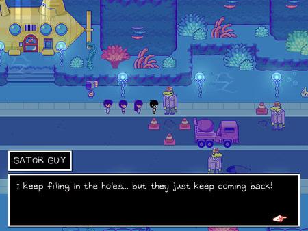 OMORI screenshot: Four characters walk along a vibrant street, encountering GATOR GUY discussing persistent holes.