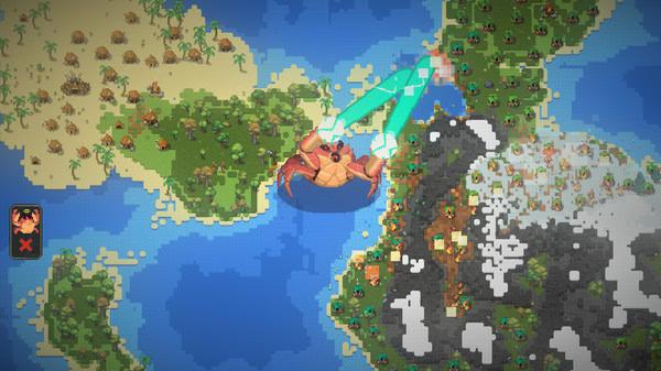 WorldBox - God Simulator screenshot: A giant crab shoots lasers over a colorful map with villages, forests, mountains, and oceans.