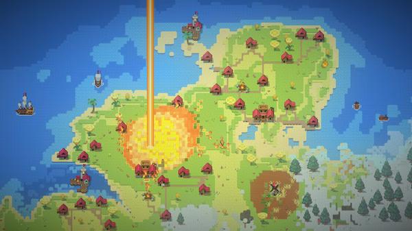 Screenshot from WorldBox - God Simulator shows a vibrant map with villages, a beam of light, and diverse landscapes.