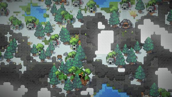 Screenshot from WorldBox - God Simulator showing a snowy landscape with trees, dwellings, and scattered wildlife.