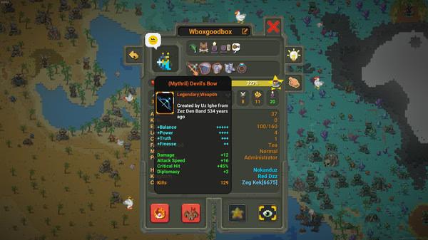 WorldBox - God Simulator screenshot showing a menu with stats for the Mythic Devil's Bow weapon and a colorful world map background.