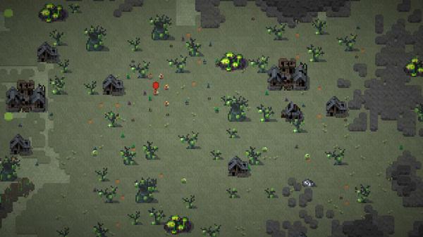Screenshot from WorldBox - God Simulator showing a pixelated landscape with several huts, vegetation, and scattered stones.