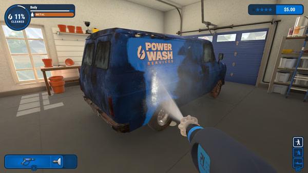 Screenshot of PowerWash Simulator showing a van being cleaned with a power washer in a garage.