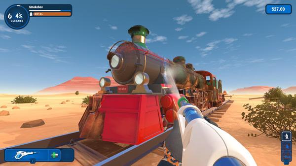 PowerWash Simulator screenshot: A player uses a power washer to clean a red steam locomotive on a desert train track.