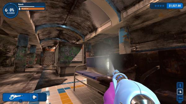 PowerWash Simulator screenshot: A player uses a power washer to clean a dirty underground subway station, revealing colorful tiles.