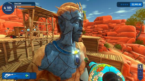 PowerWash Simulator screenshot: A large stone statue being cleaned with a decorated power washer in a desert setting.