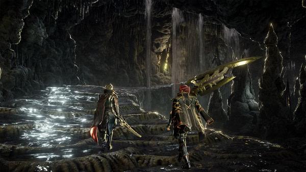 CODE VEIN screenshot: Two characters venture through a dimly lit, water-filled cavern, with glowing weapons ready for action.