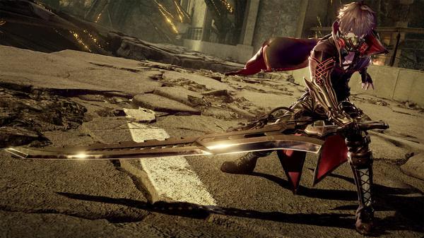 CODE VEIN screenshot: A character in a dark outfit wields a large glowing sword on a cracked, desolate battlefield.